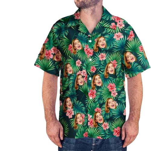 Custom Face Leaves & Flowers Hawaiian Shirt And Beach Shorts Personalised Men's Photo All Over Print Vacation Party Gift